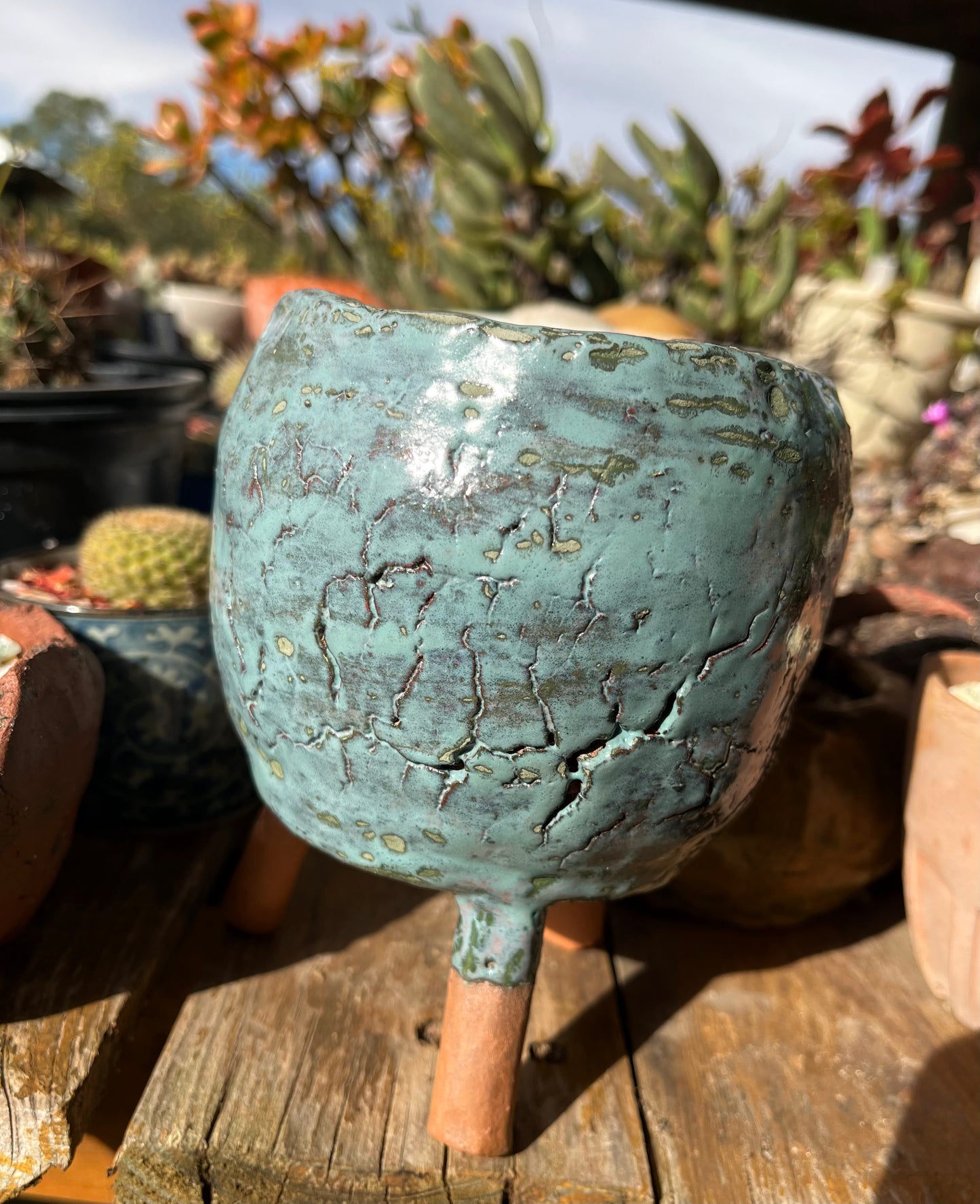 Oceanic blue-green cracked pot